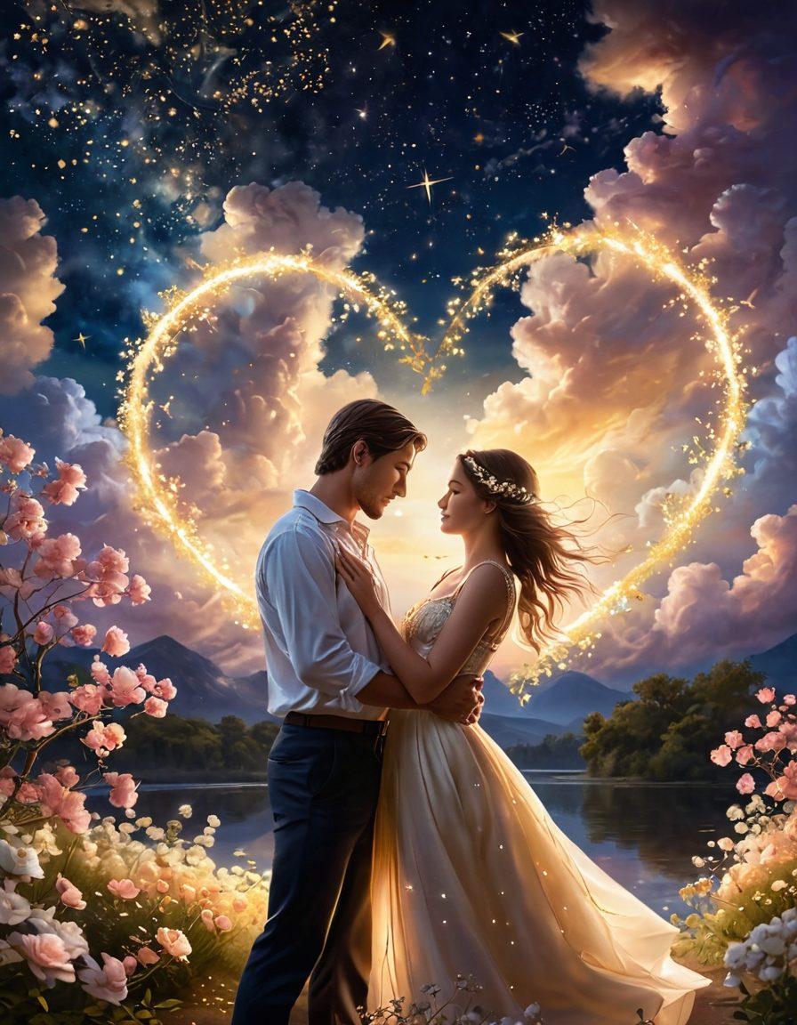 A romantic scene depicting a couple embracing under a starlit sky, surrounded by blooming flowers symbolizing love and growth. Soft golden lights twinkle around them while a gentle breeze sways the petals, creating a dreamy atmosphere. Include heart-shaped clouds drifting above, representing their journey from courtship to soulmates. super-realistic. vibrant colors. ethereal glow.