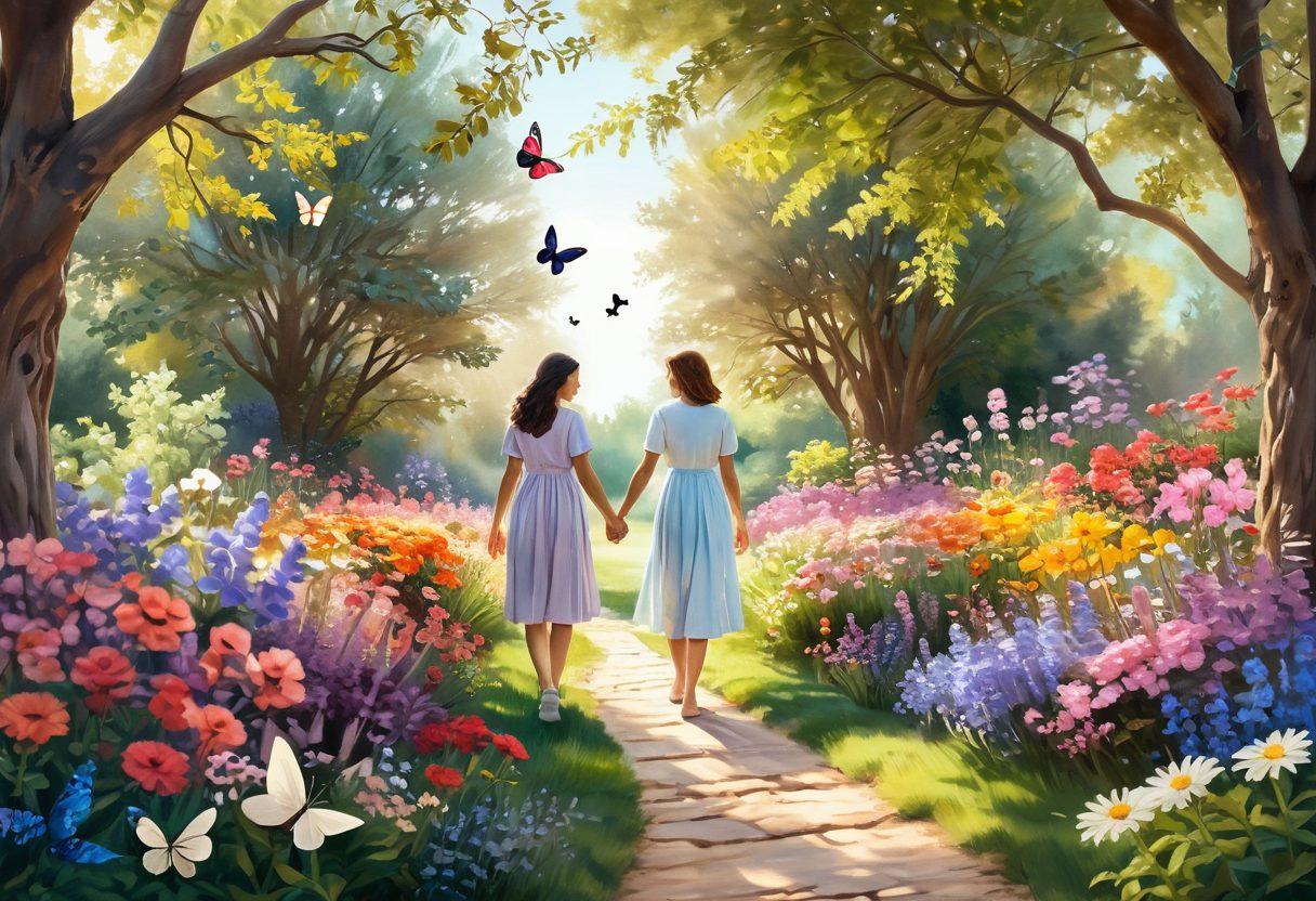 A serene and cozy scene featuring two figures holding hands in a blooming garden, surrounded by colorful flowers and butterflies, symbolizing emotional bonds. The background includes soft sunlight filtering through trees, creating a warm and inviting atmosphere. A small, handwritten note with heartfelt tips peeks out from a basket nearby. soft pastels. harmonious colors. dreamy.